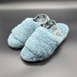 Women's UGG Fluff Yeah Blue Slide Suede Slipper Sandals‎ Size 6